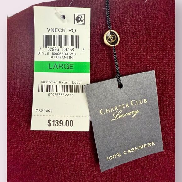 CHARTER CLUB Red 100% Cashmere V-neck Sweater | NWT | Large - Picture 3 of 7